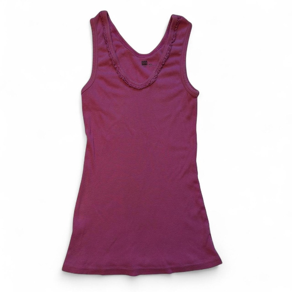 Vintage Gap Purple Cotton Ruffle Neck Ribbed Tank Top XS Boho Coquette 90s 00s